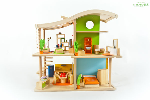 Будиночок із сонячними батареями та світлодіодним освітленням - "Sunshine Dollhouse" - та набори меблів до нього - Hape Bamboo Collection